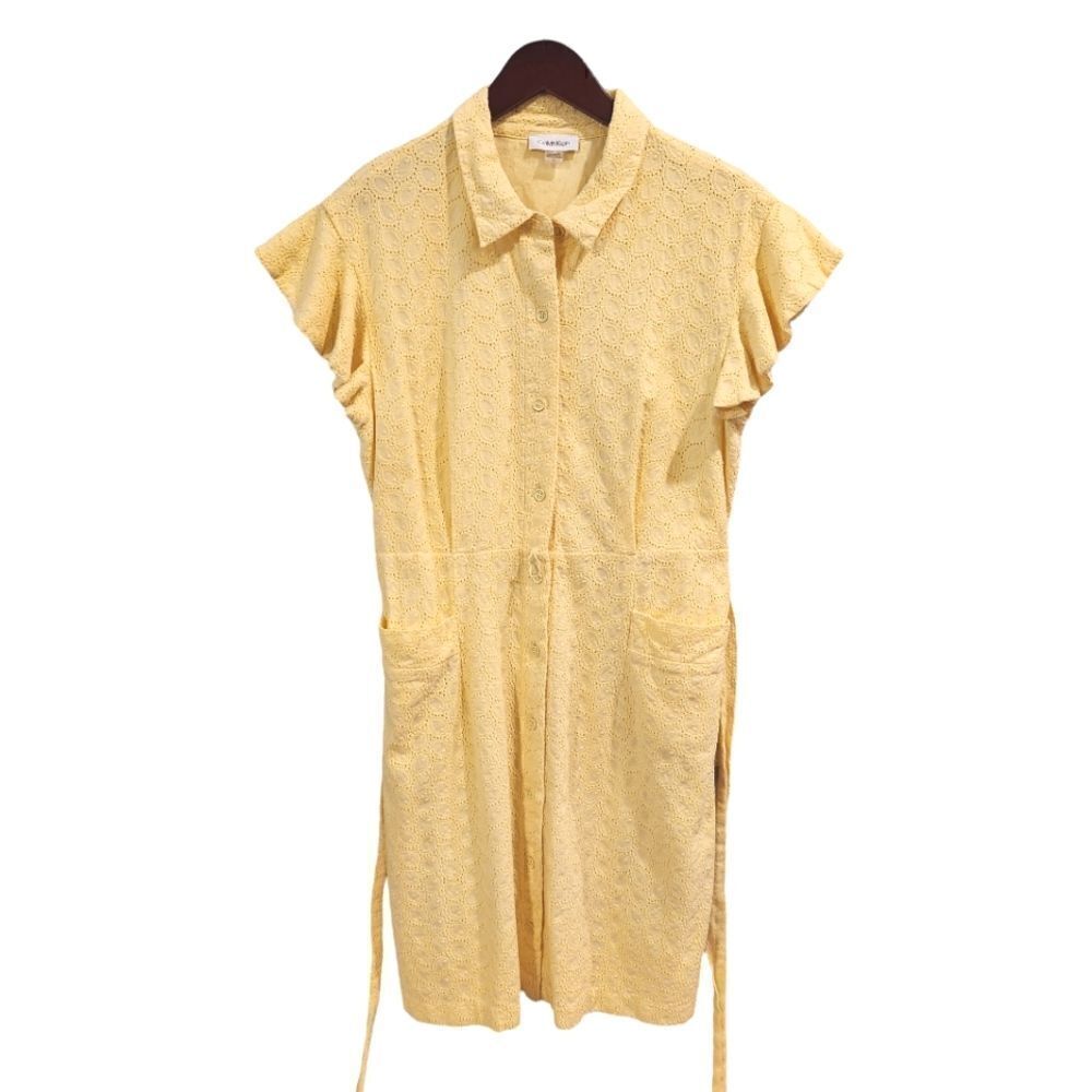 Calvin Klein Eyelet Shirt Dress Flutter Sleeve Belt Yellow 12 Women's - Picture 3 of 8